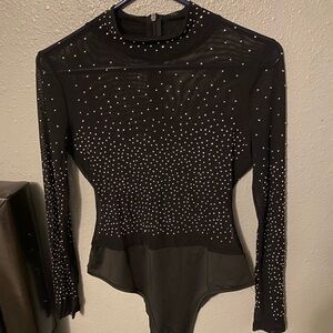 Black Embellished Long-Sleeve Bodysuit